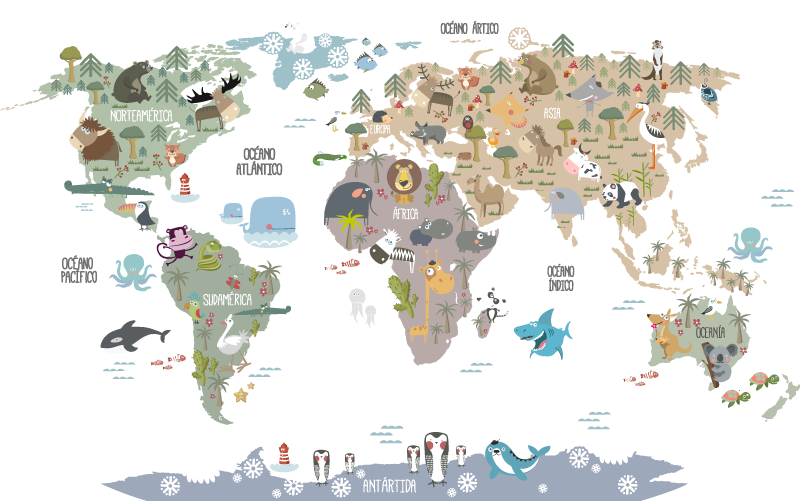 Tappeto vinile mappamondo animali toni pastello - TenStickers