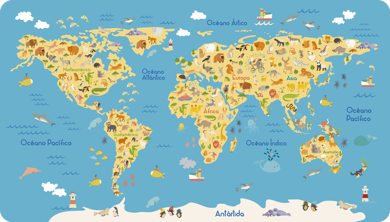 Tappeto vinile mappamondo animale e fauna - TenStickers