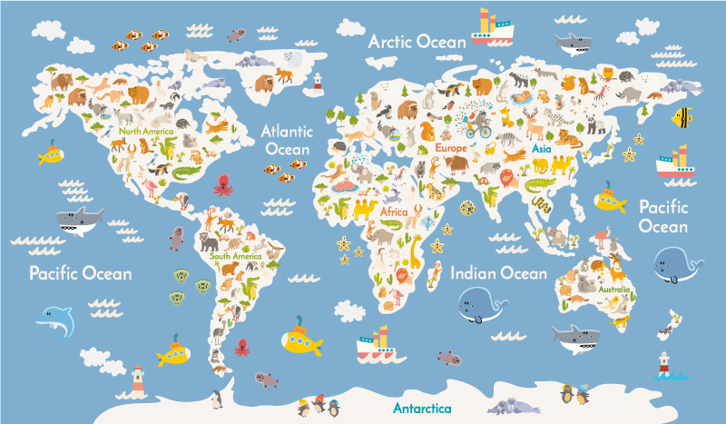 Tappeto vinile mappamondo fauna bianca per bambini - TenStickers