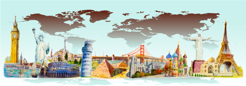 Tappeto vinile mappamondo collage di monumenti colorati - TenStickers