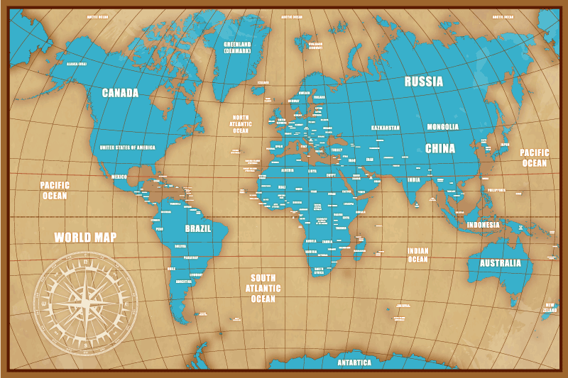 Tappeto vinile mappamondo disegno blu con paesi - TenStickers