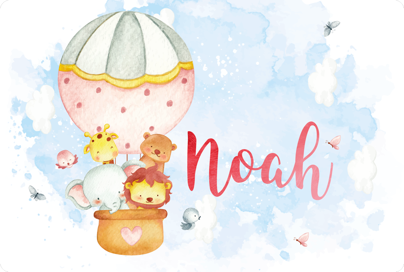 Tappeto vinile bebé avventura in mongolfiera con nome - TenStickers