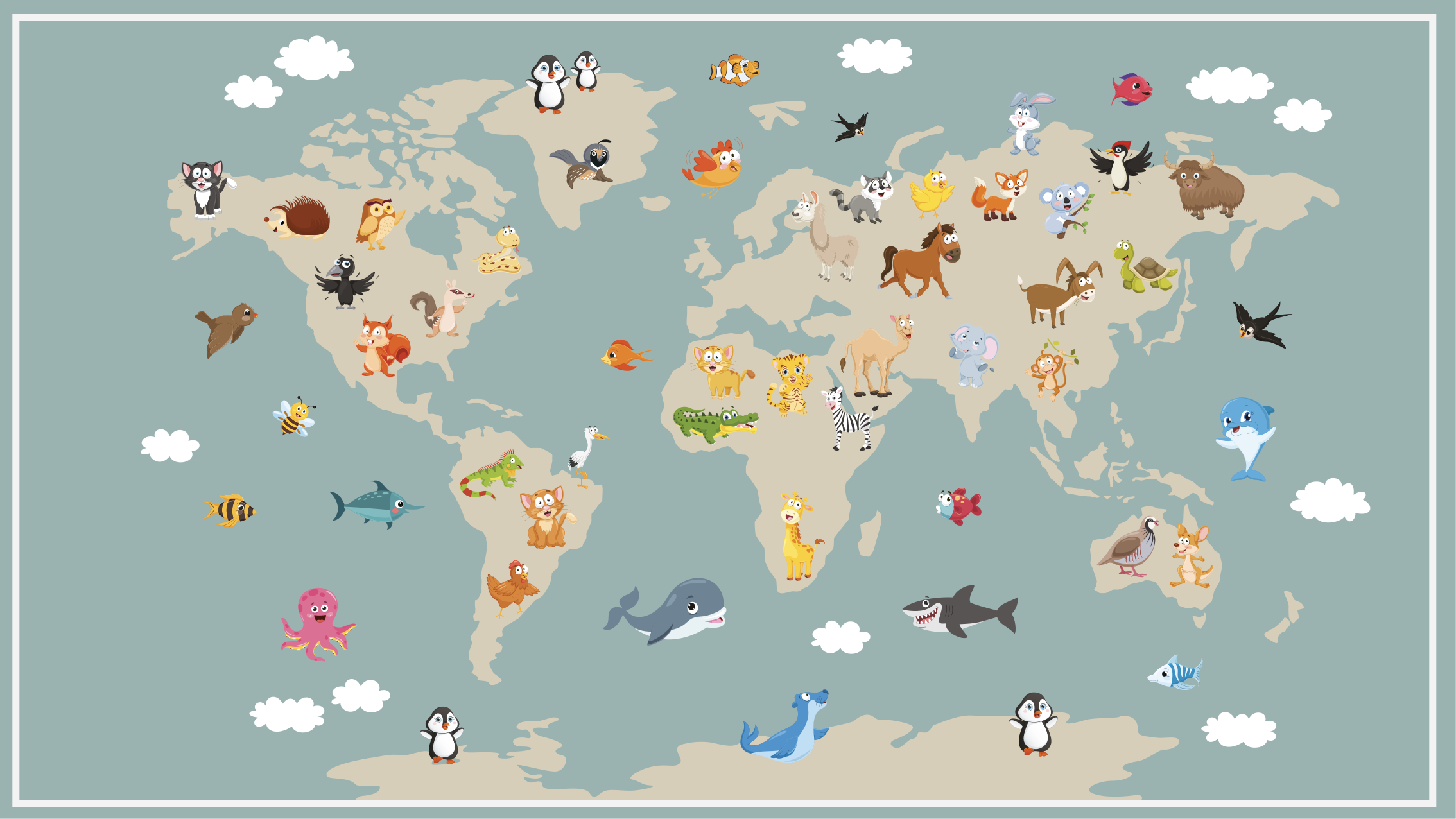 Tappeto vinile mappamondo animale colorato - TenStickers