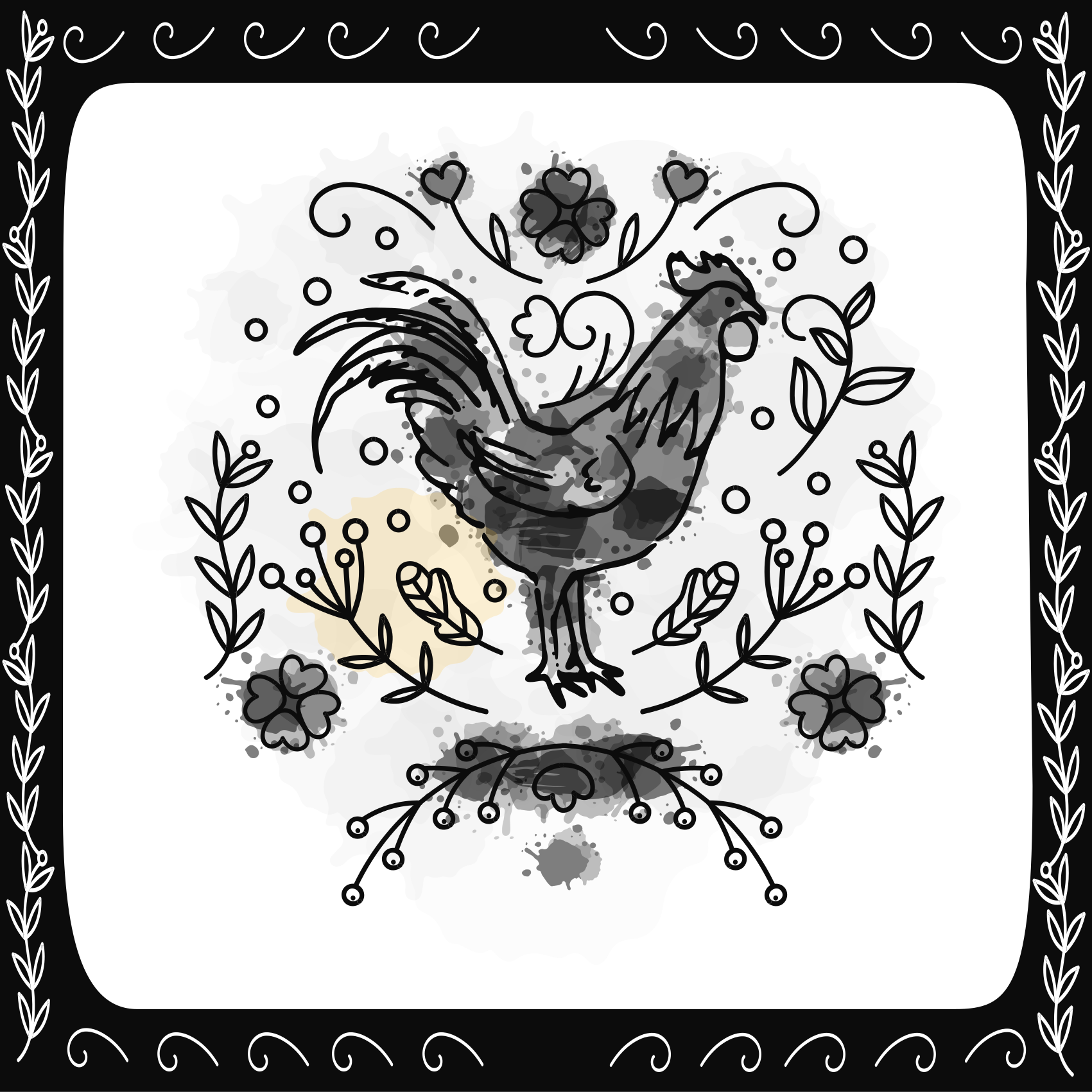 Tappeto vinile animali gallo floreale nero - TenStickers