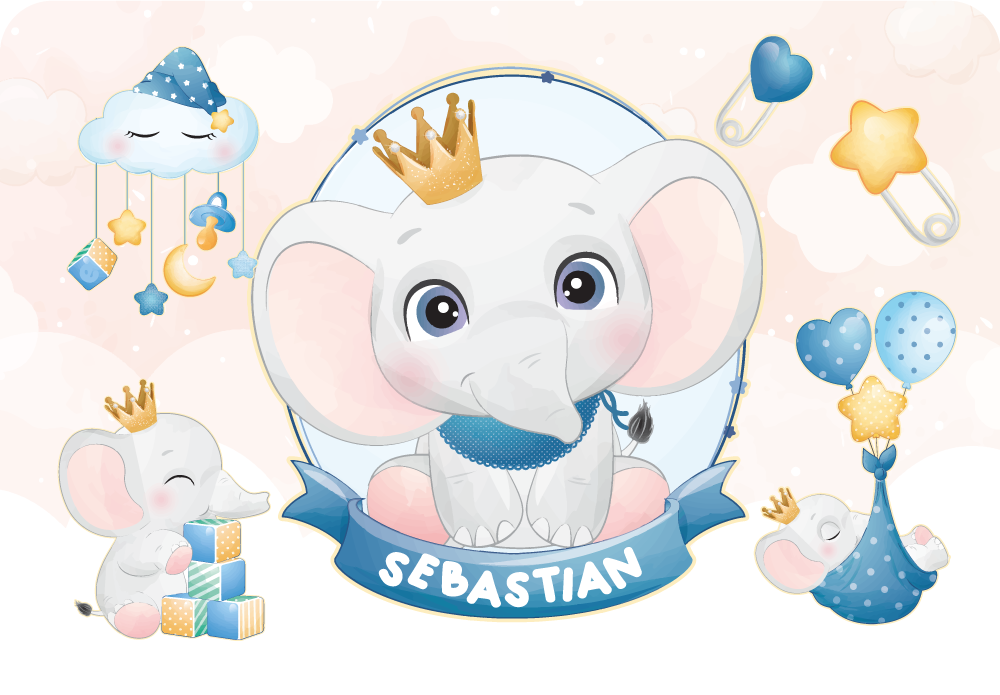 Tappeto vinile con nome elefante incoronato giocattolo - TenStickers