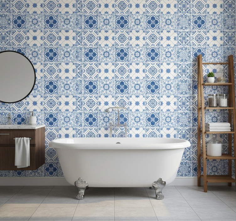 Carta da parati bagno motivi blu intricati - TenStickers