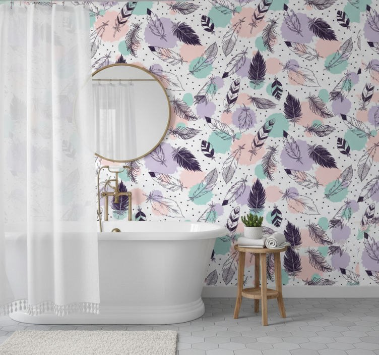 Carta da parati bagno motivo piume boho - TenStickers