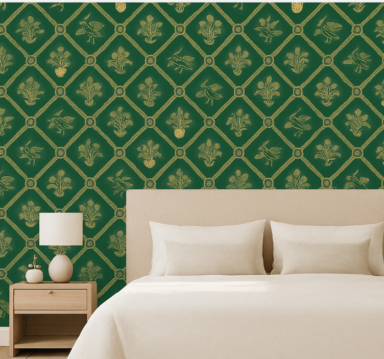Carta da parati camera da letto verde e oro elegante - TenStickers