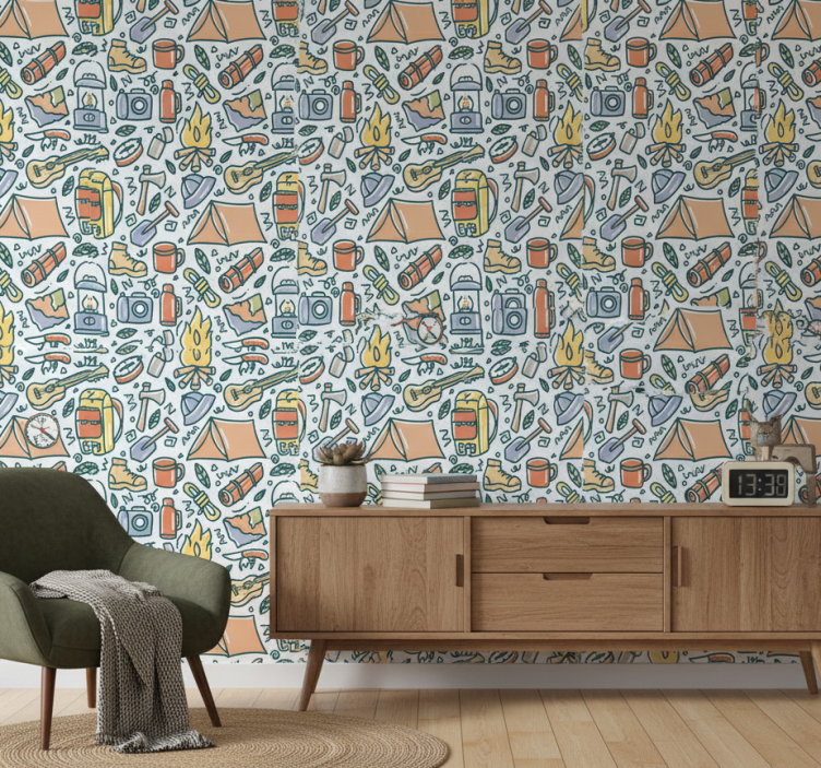 Carta da parati camera montagne e campeggio disegnati a mano - TenStickers