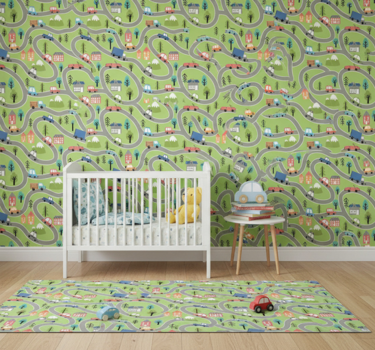 Carta da parati camera strada colorata con auto da corsa - TenStickers