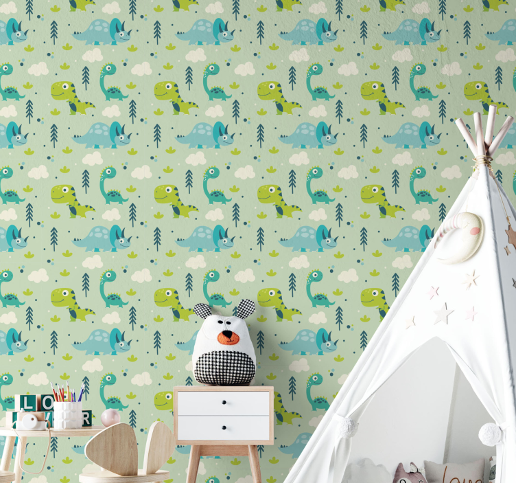 Carta da parati con sfondo verde e dinosauri - TenStickers