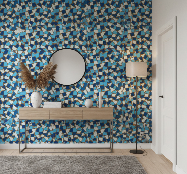 Carta da parati corridoio motivo mosaico blu geometrico - TenStickers