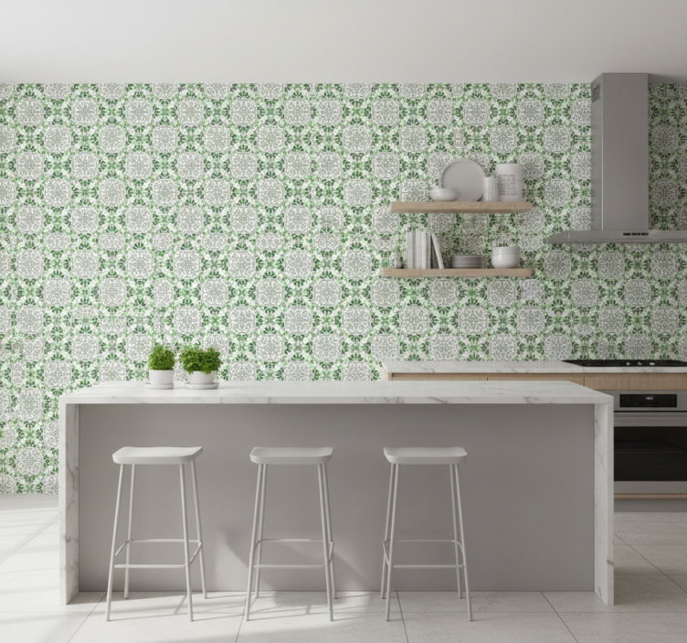 Carta da parati cucina mosaico floreale verde - TenStickers
