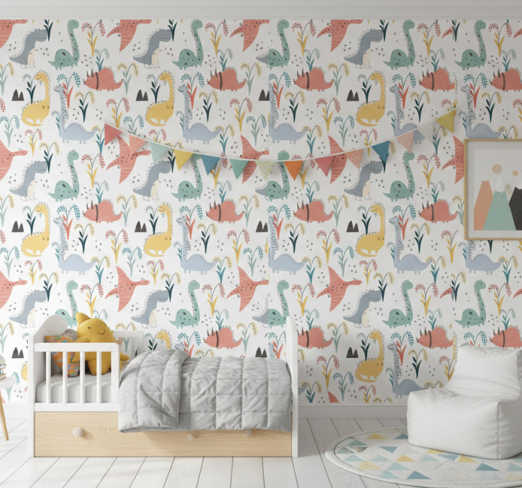 Carta da parati dinosauri motivo colorato scandinavo - TenStickers