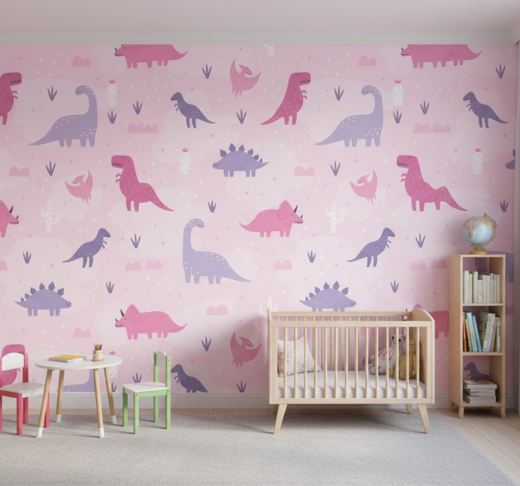 Carta da parati dinosauri sfondo rosa - TenStickers
