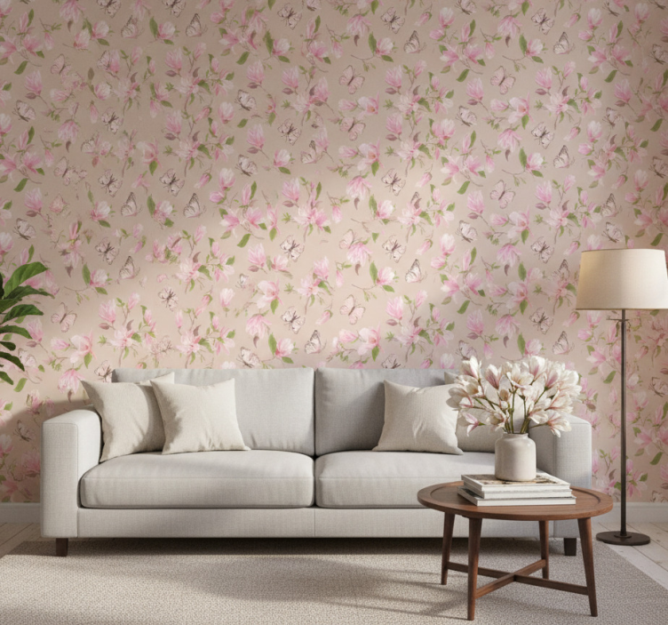 Carta da parati floreale magnolia rosa e farfalle - TenStickers