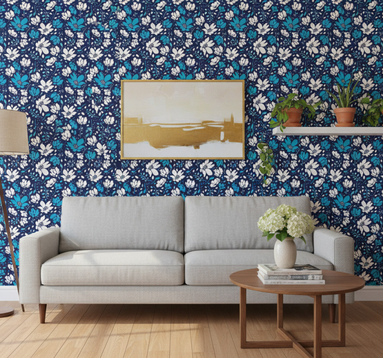 Carta da parati floreale margherite bianche su sfondo blu - TenStickers