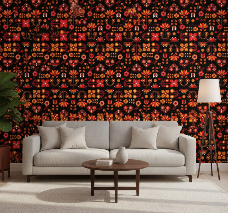 Carta da parati floreale ornamento etnico rosso - TenStickers