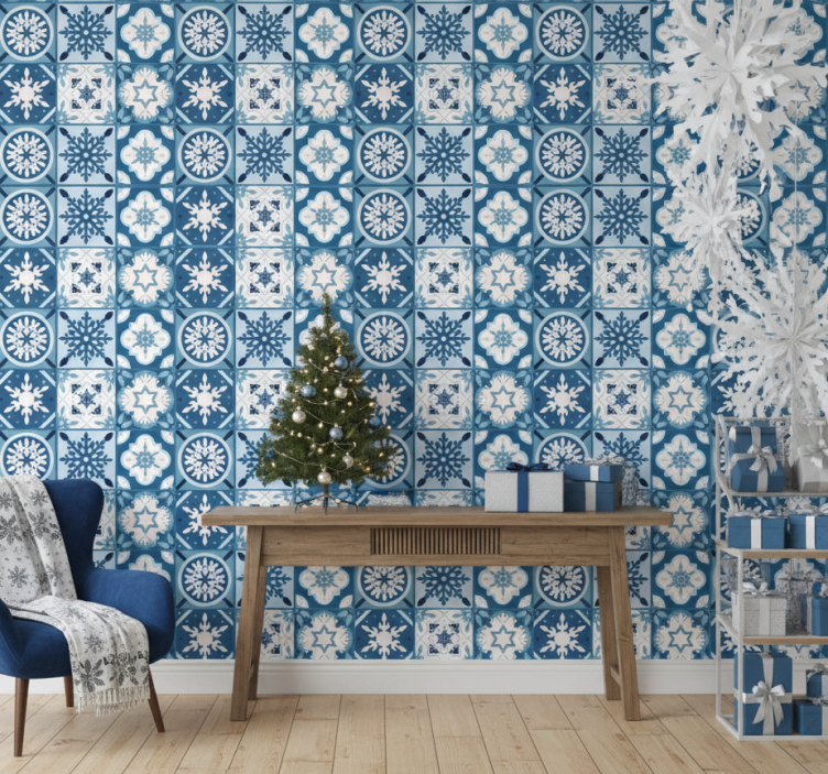 Carta da parati natalizia piastrelle blu fiocco di neve - TenStickers