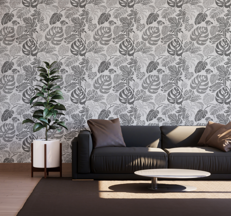 Carta da parati grigia foglie di monstera - TenStickers