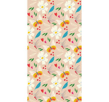 Carta da parati cameretta fiori e farfalle su sfondo beige - TenStickers