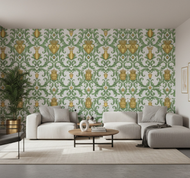Carta da parati barocco verde e oro ornato - TenStickers