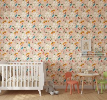 Carta da parati cameretta fiori e farfalle su sfondo beige - TenStickers