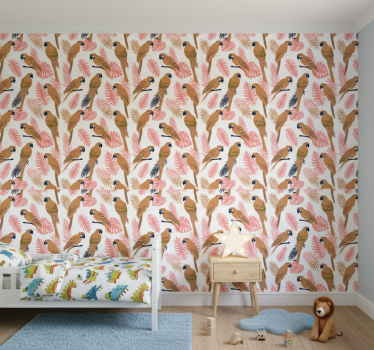 Carta da parati cameretta pappagalli arancioni e fiori rosa - TenStickers