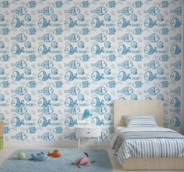 Carta da parati cameretta pesci blu su sfondo bianco - TenStickers