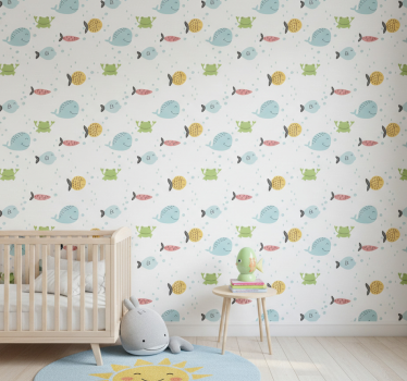 Carta da parati cameretta pesci colorati su sfondo bianco - TenStickers