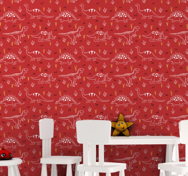 Carta da parati con animali Dinosauri disegnati su rosso - TenStickers