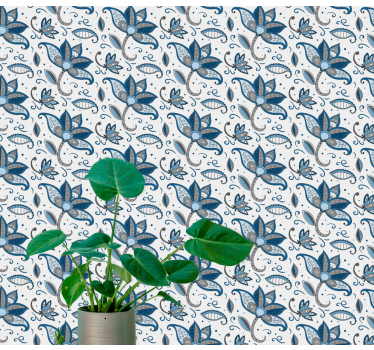 Carta da parati foglie scarabocchi di fiori blu - TenStickers