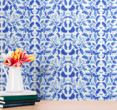 Carta da parati foglie elegante motivo blu e bianco - TenStickers