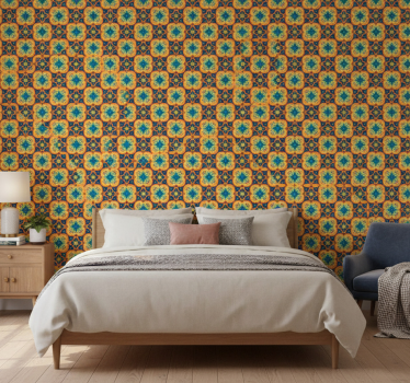 Carta da parati moderna texture motivo boho blu e giallo - TenStickers