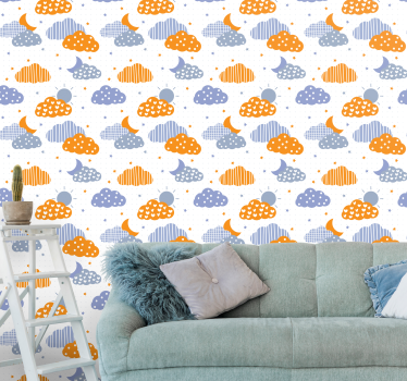 Carta da parati cameretta nuvole blu e arancioni e sole - TenStickers