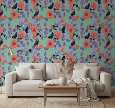 Carta da parati floreale papaveri blu e rossi - TenStickers